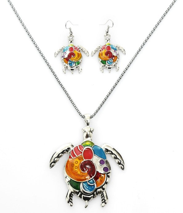 Collier et boucles d'oreilles en forme de tortue arc-en-ciel, style Punk, à la mode, haut profil, goutte d'huile, suite