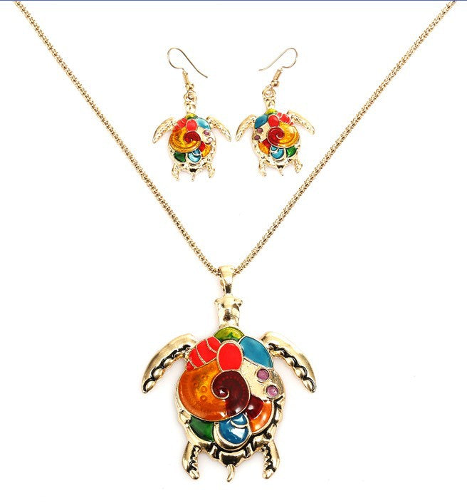 Collier et boucles d'oreilles en forme de tortue arc-en-ciel, style Punk, à la mode, haut profil, goutte d'huile, suite