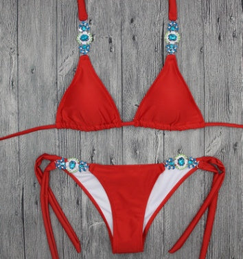 Maillot de bain fendu sexy en forme de bikini avec diamants de couleur unie