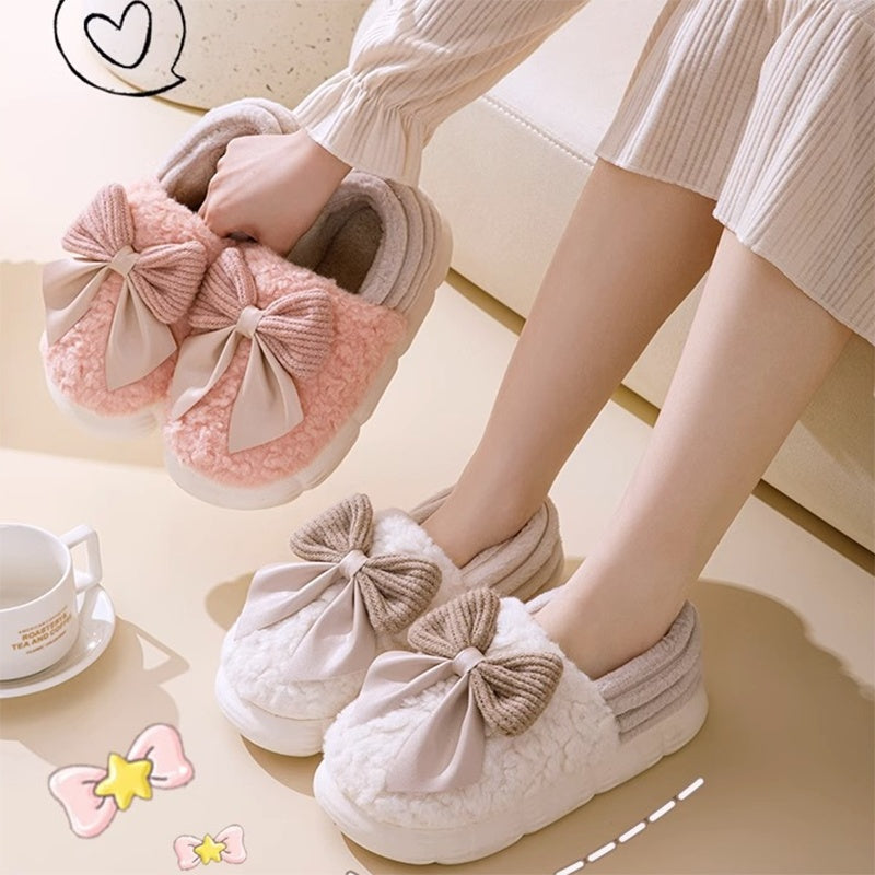 Zapatillas mullidas con Nudo De Lazo Grande Zapatos De Algodón con Tacón Cubierto Cálido De Invierno Zapatillas De Plataforma De Suela Gruesa De Moda Zapatos para Caminar En El Jardín Interior Y Exterior
