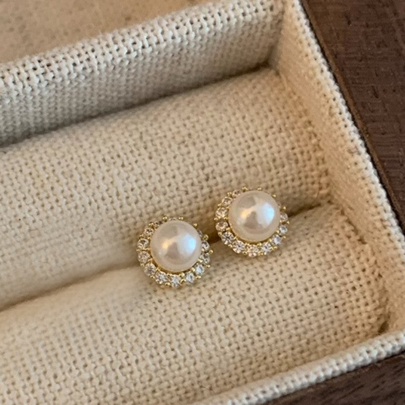 925 Sterling Silver Needle Pearl Stud Earrings Women's All-match Refined Simple