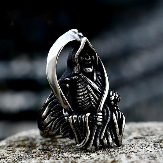 Bague pour hommes en acier inoxydable, faucille de mort rétro, crâne en acier titane