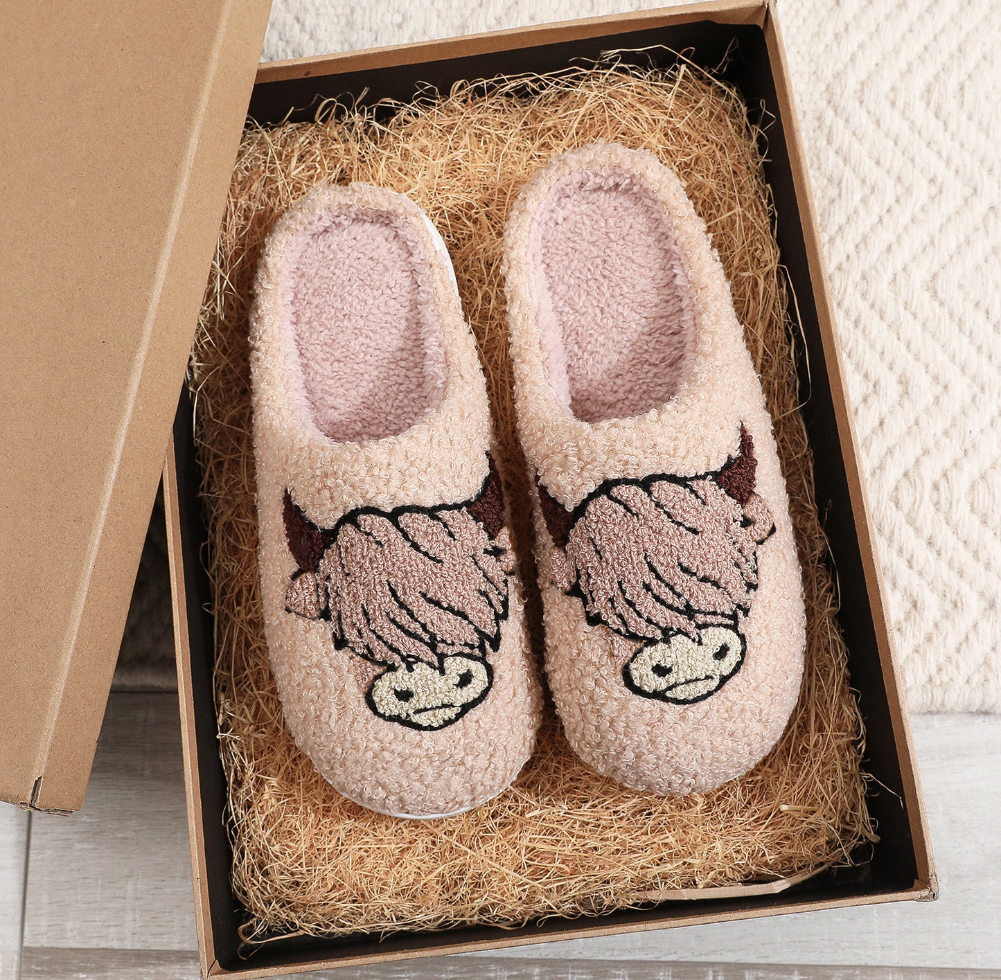 Pantoufles de Noël en coton avec impression de vache des Highlands, offre spéciale