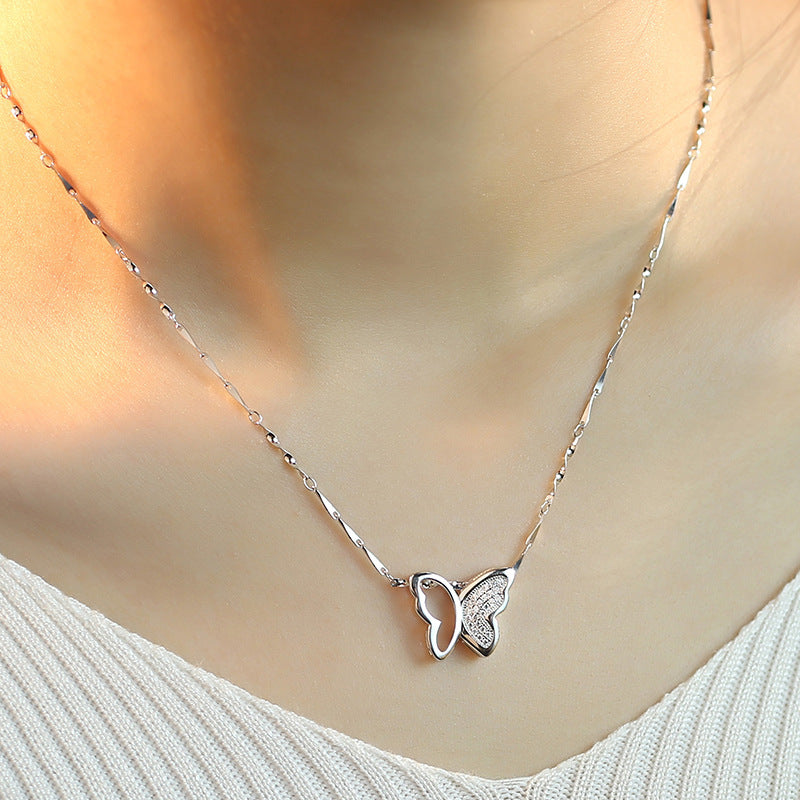 Joyería S925 Collar de plata Cadena de clavícula con colgante corto de mariposa con microincrustaciones para mujer
