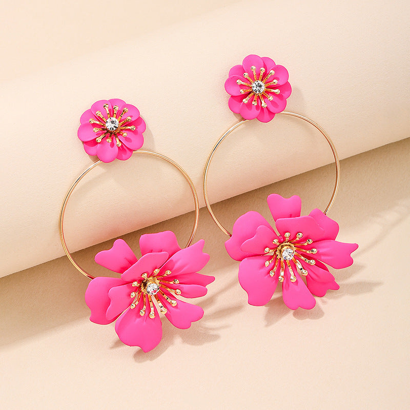 Boucles d'oreilles à fleurs, anneau de voyage de vacances, personnalité douce, tendance, pour dame