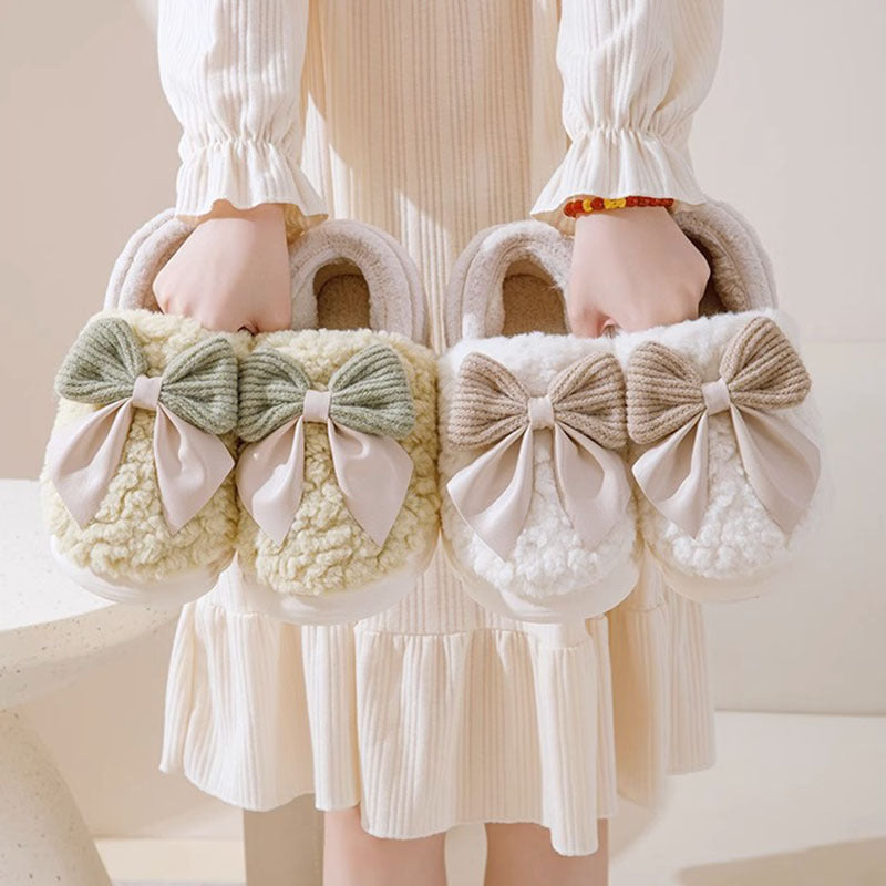 Zapatillas mullidas con Nudo De Lazo Grande Zapatos De Algodón con Tacón Cubierto Cálido De Invierno Zapatillas De Plataforma De Suela Gruesa De Moda Zapatos para Caminar En El Jardín Interior Y Exterior