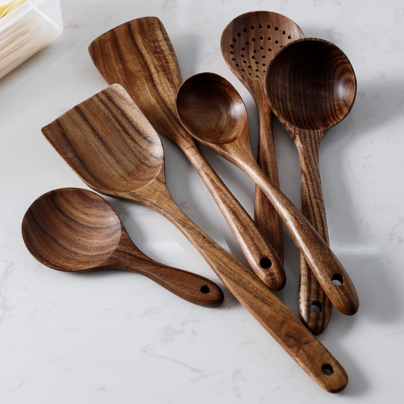 Vaisselle en bois naturel de teck de thaïlande, cuillère louche tourneuse longue passoire à riz écumoire cuillères de cuisine cuillère ensemble d'outils de cuisine
