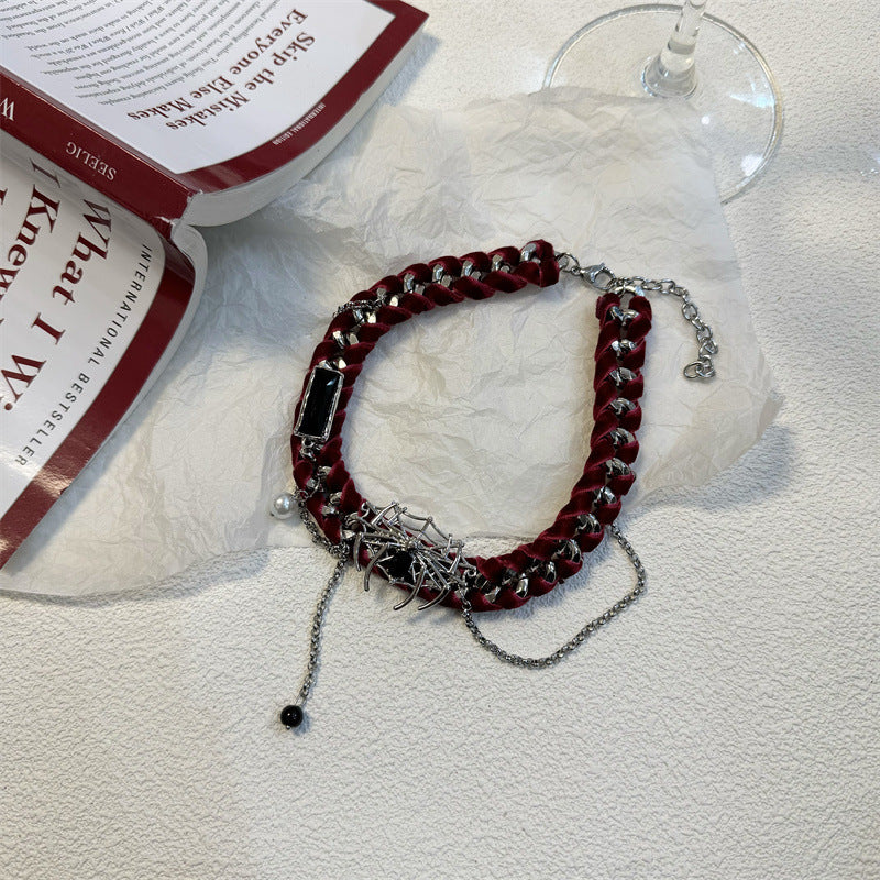 Cadena de clavícula de felpa de telaraña roja vintage