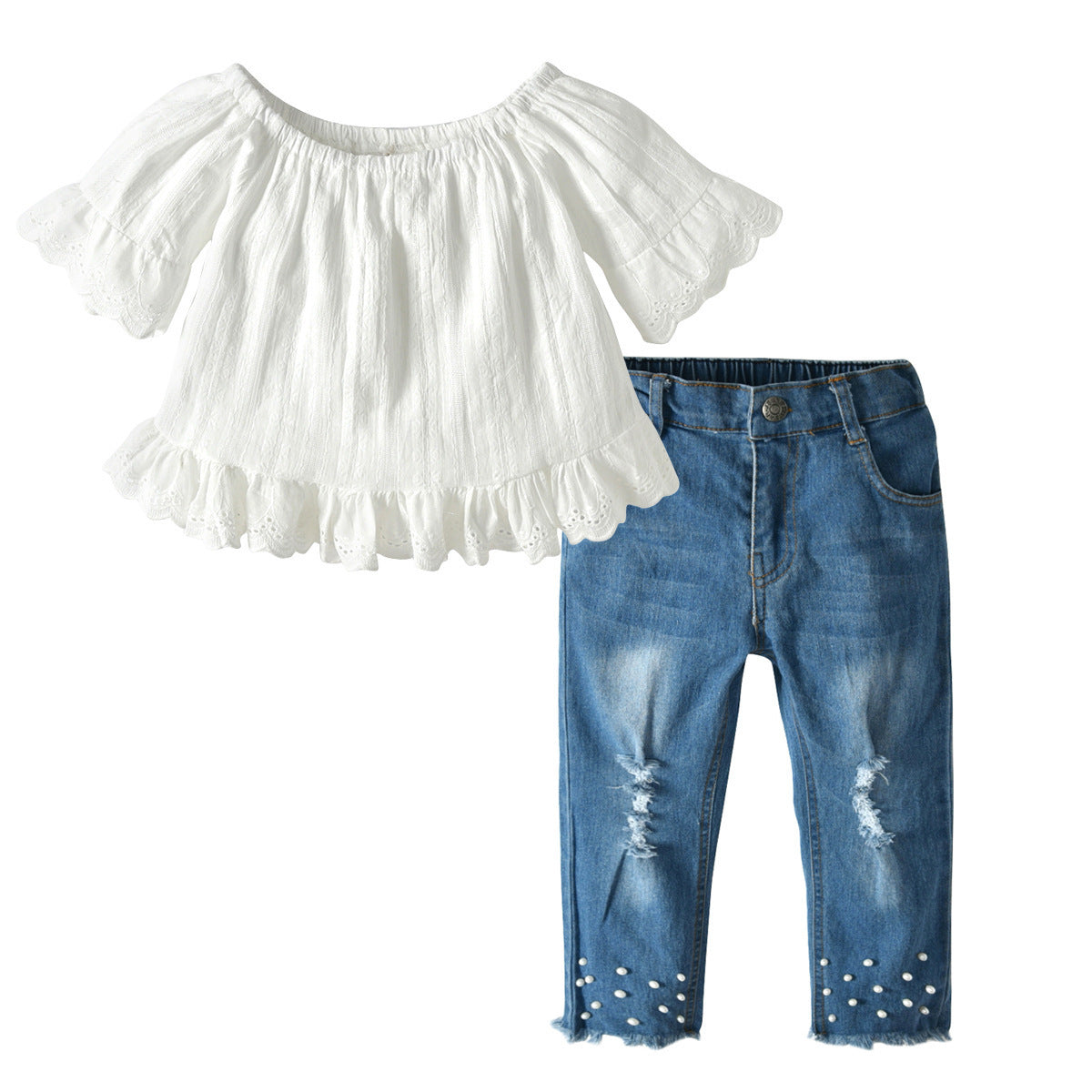 Ensemble jean en dentelle et perles pour fille