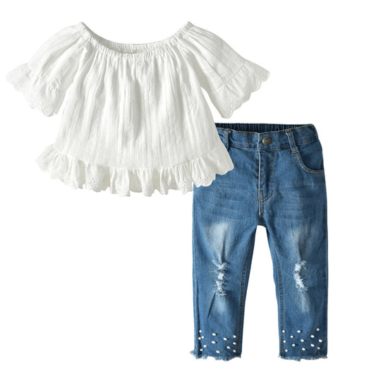Ensemble jean en dentelle et perles pour fille
