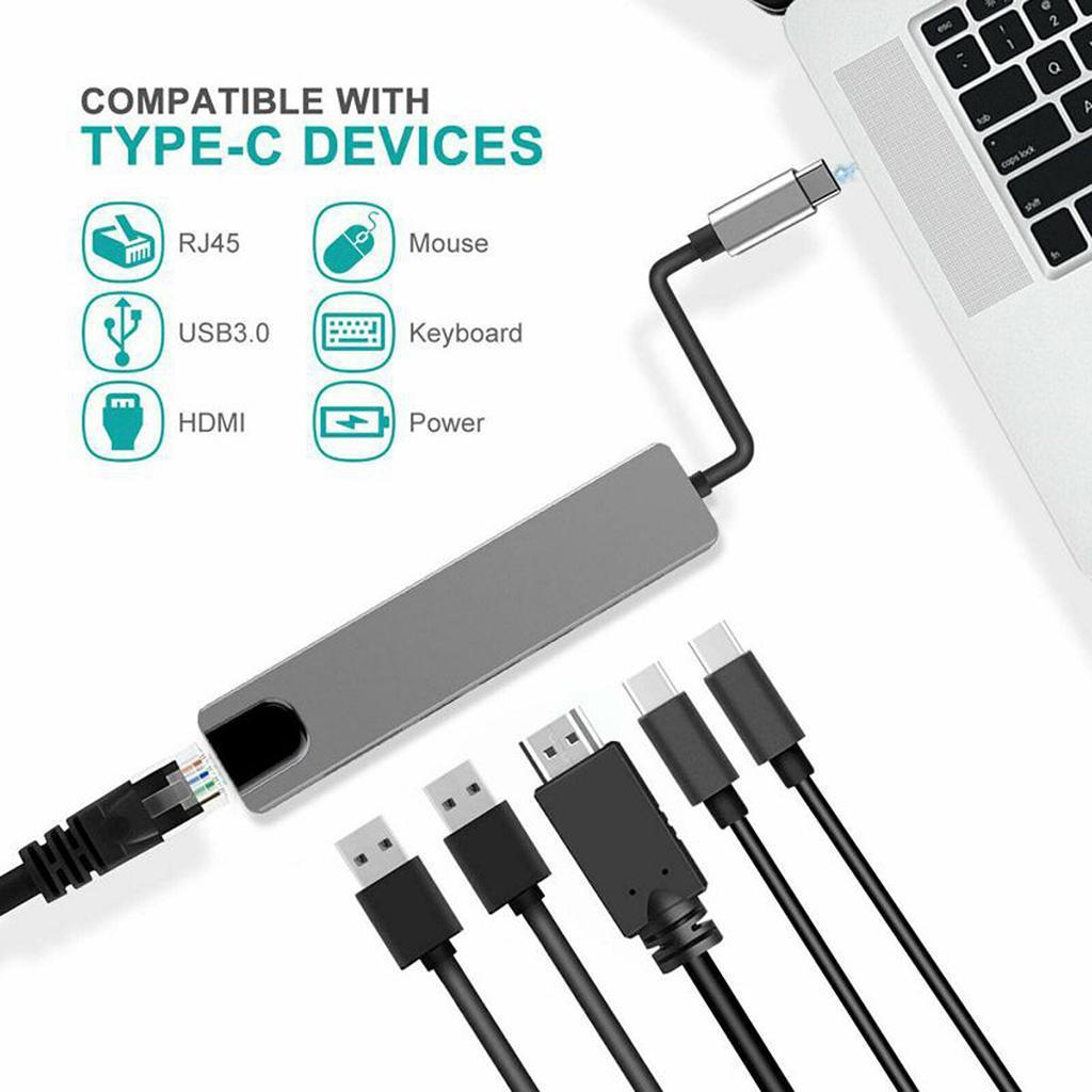 Type C vers HDMI + USB3.0 + PD 6 en 1 adaptateur de carte réseau Hub Rj45