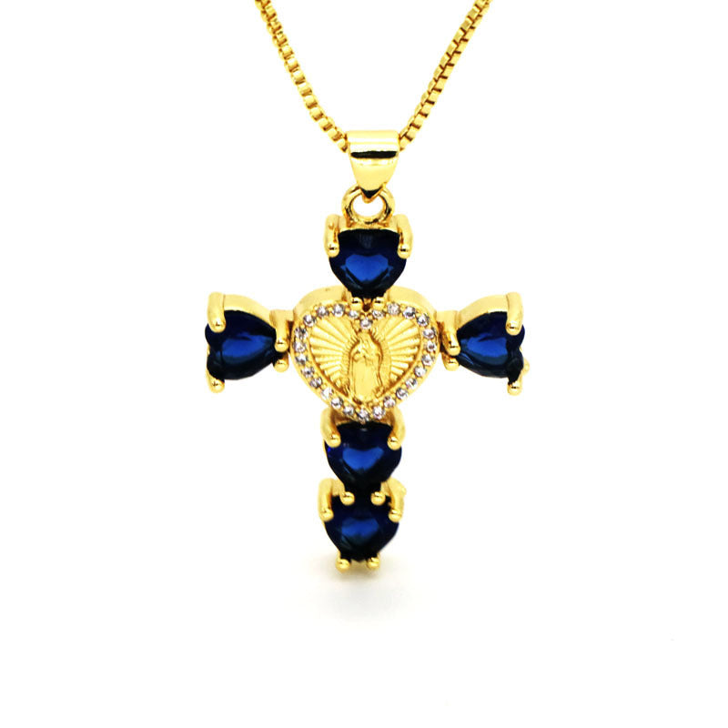 Hip-hop Fashion Inlaid Color Diamond Cross Love Virgin Mary Pendant Necklace For Women