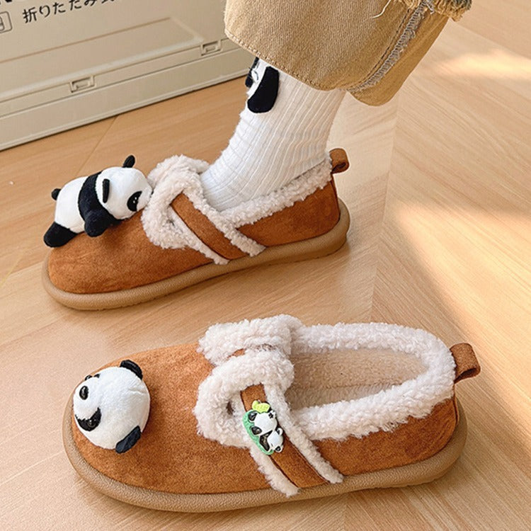 Chaussures en coton Panda de dessin animé épais doublées de polaire d'agneau mignonnes
