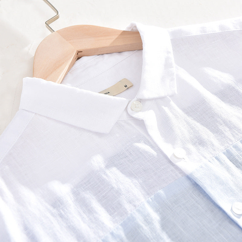 Camisa de manga corta de lino con patchwork para hombre