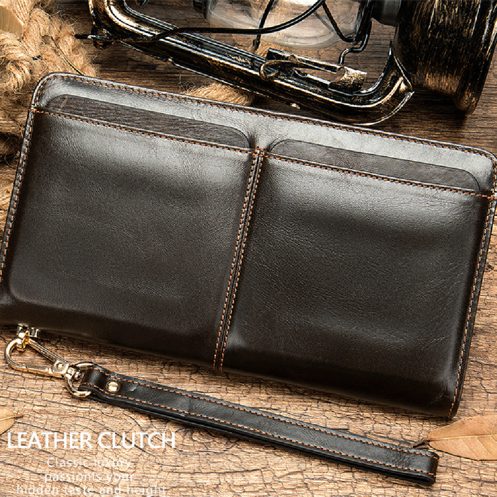 Portefeuille d'affaires à Double poche pour hommes, Long portefeuille avec plusieurs fentes pour cartes, pochette en cuir véritable pour hommes