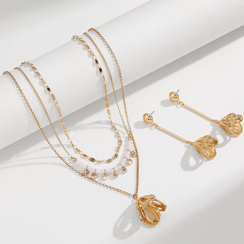 Pendientes de collar gemelo de flores de metal para mujer