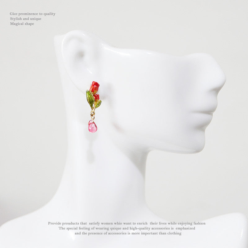 Enamel Dripping Tulip Sterling Silver Needle Earrings