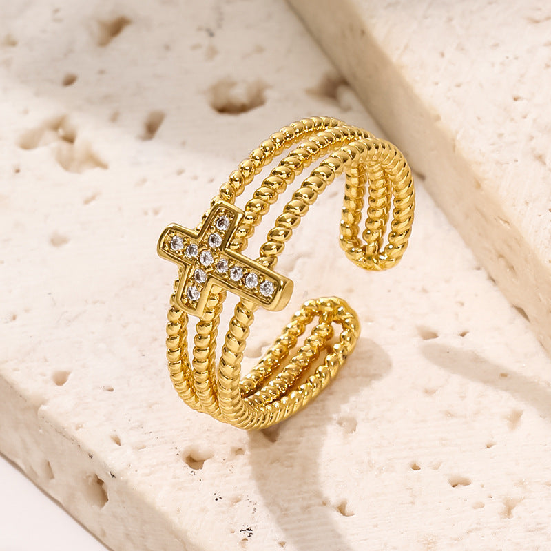 Bague géométrique croisée en Zircon creux à trois couches pour femmes, placage de cuivre en or 18 carats