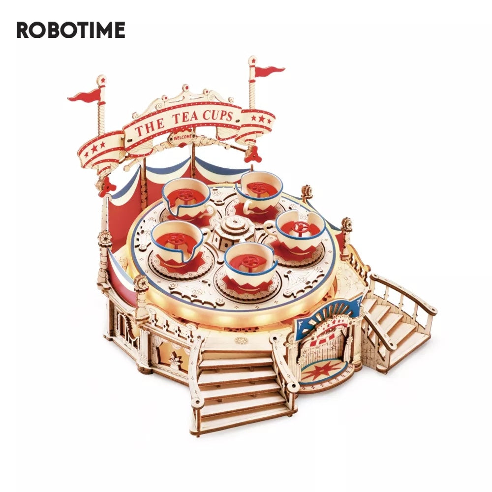 Robotime Rokr Tilt-A-Whirl The Tea Cup Amusement Park Series Jouet de construction Cadeaux d'anniversaire de Noël pour enfants Puzzle en bois 3D