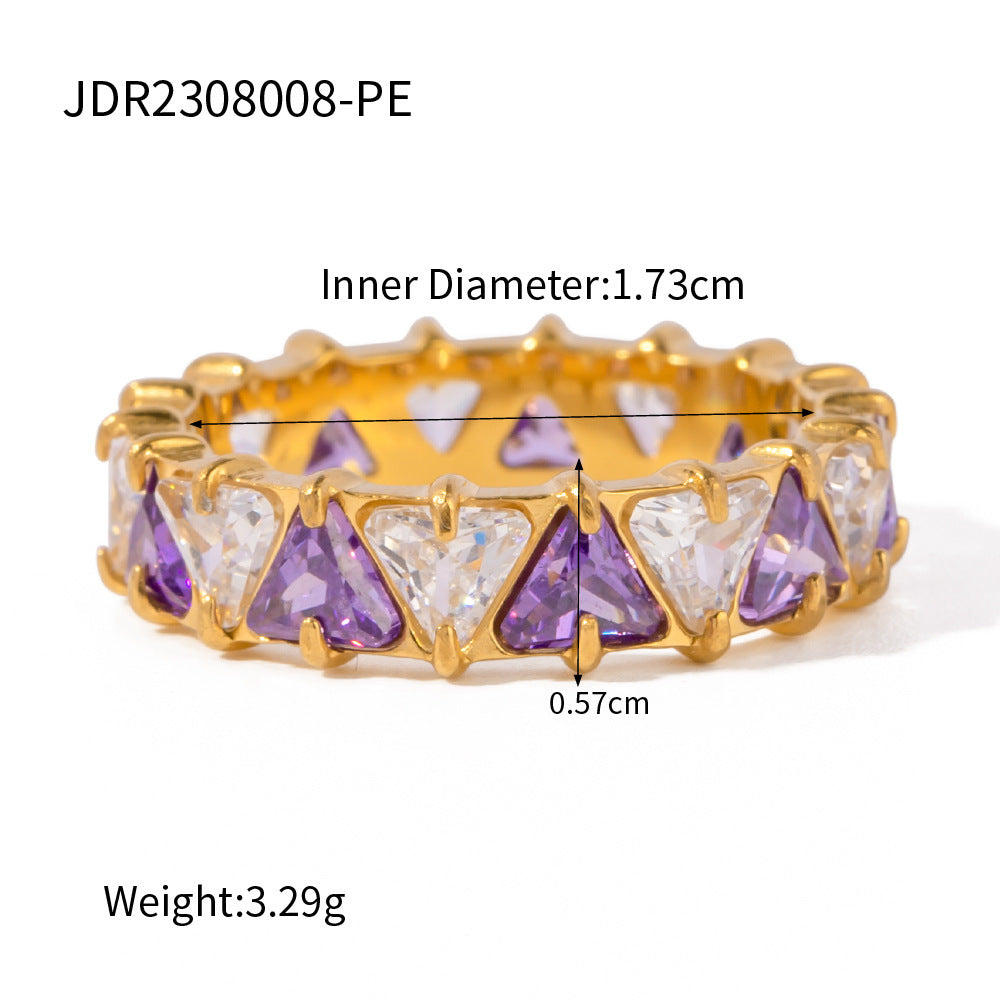 Anillo de circón triangular con incrustaciones de acero inoxidable de oro de 18 quilates estilo Ins europeo y americano