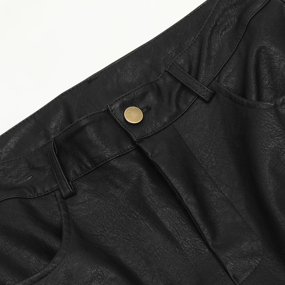 Loose Wide Leg Multi-pocket Workwear Leather Pants