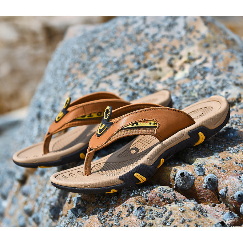 Chanclas para hombre Cuero genuino Verano Transpirable Plataforma antideslizante Zapatillas de playa al aire libre