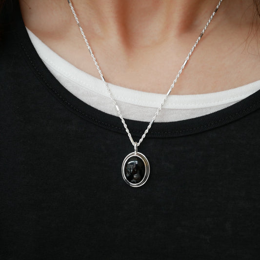925 Silver Simple Japanese And Korean Black Agate Geometric Oval Pendant Trendy Twist Necklace