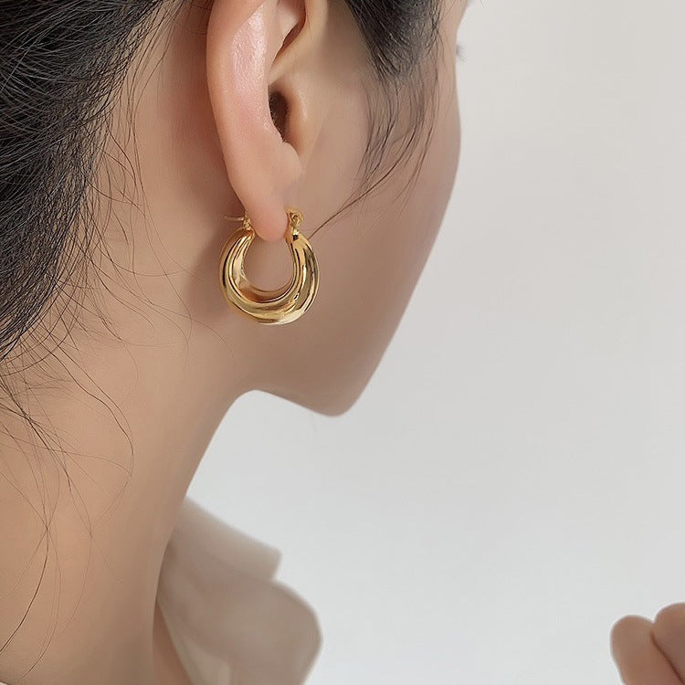 Boucles d'oreilles ovales plaquées en cuivre, or véritable 18 carats, Texture Simple, entrée de tempérament Lux, haute qualité
