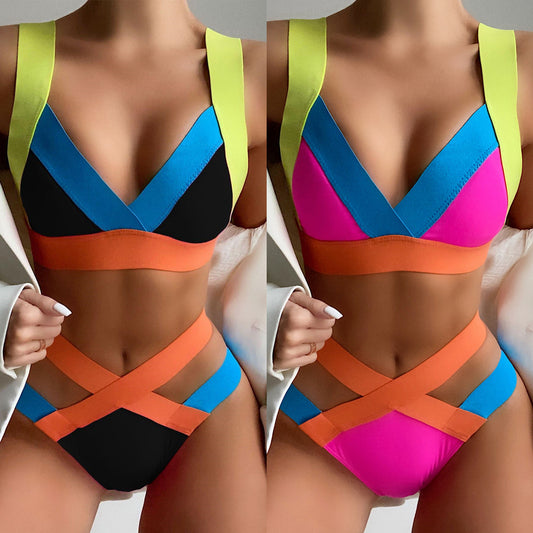Maillot de bain bikini bandage coloré pour femme, sac triangulaire