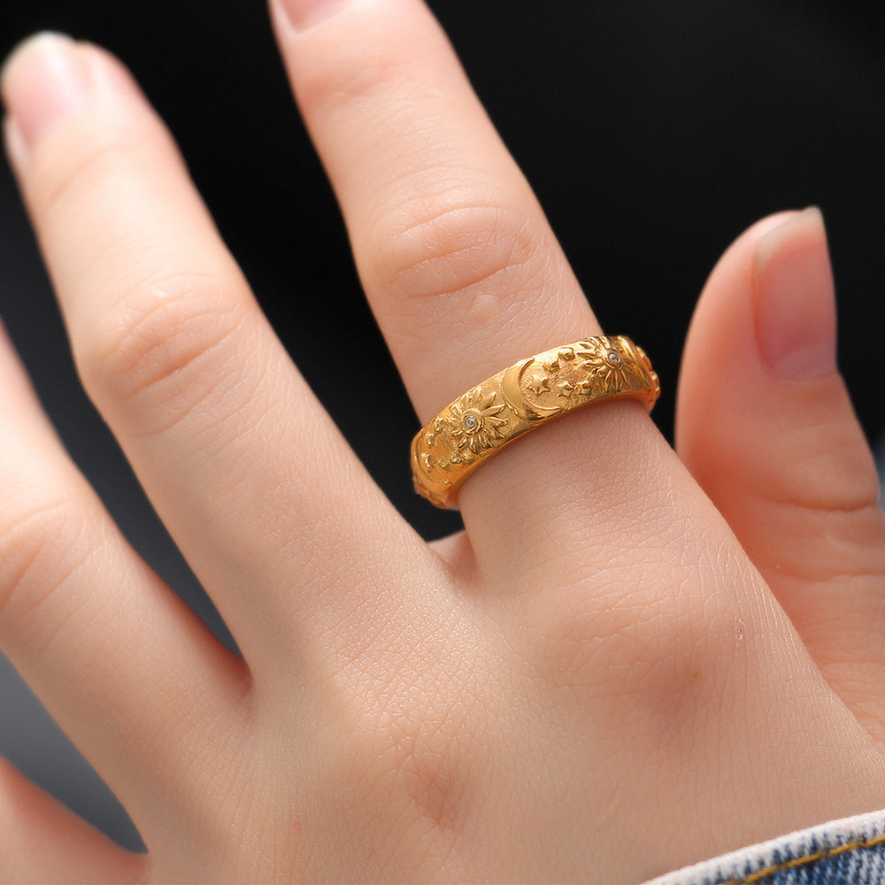 Sun Moon And Star Zircon Stainless Steel Ring