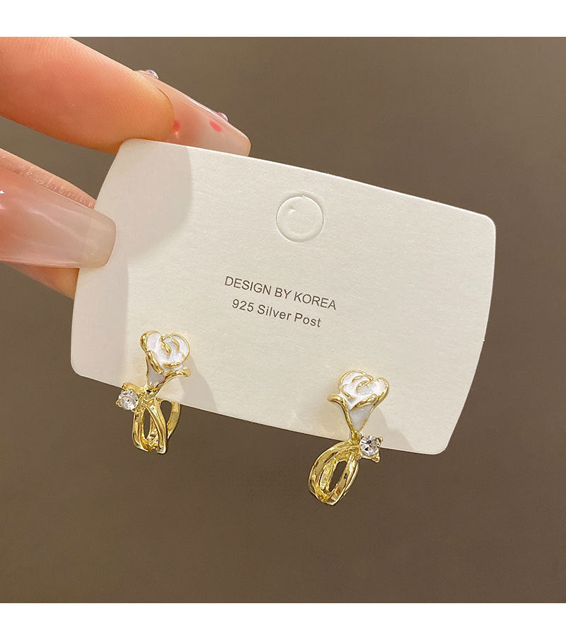 Sterling Silver Needle White Rose Flower Stud Earrings Light Luxury Minority Elegant Zircon