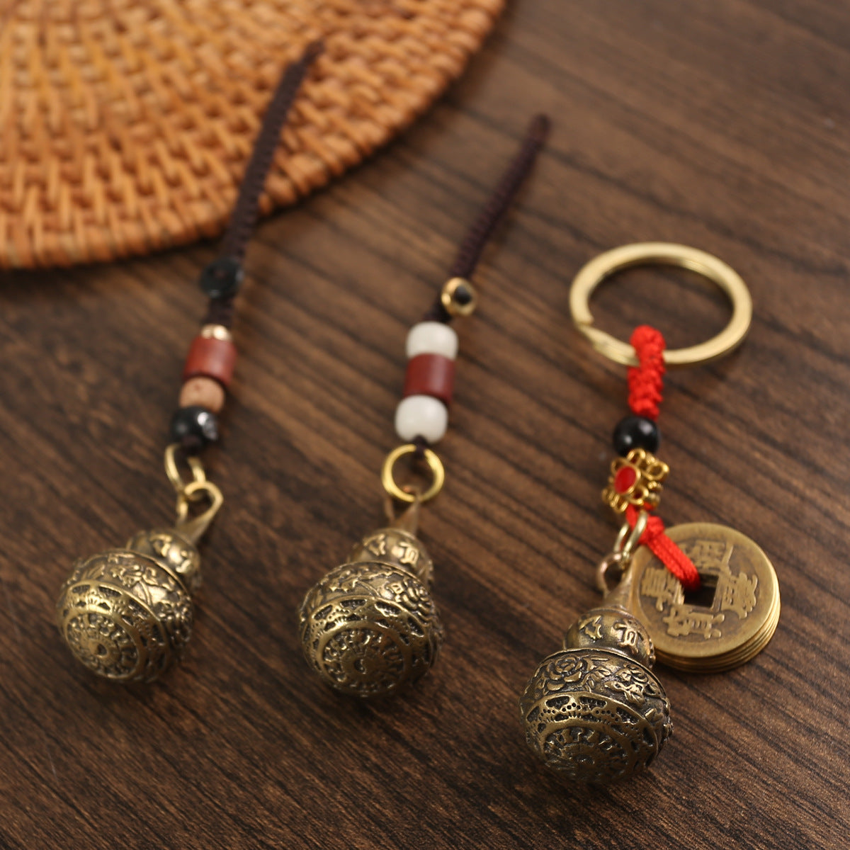 Pendentif porte-clés rétro en cuivre pur, gourde riche, ouverture centrale