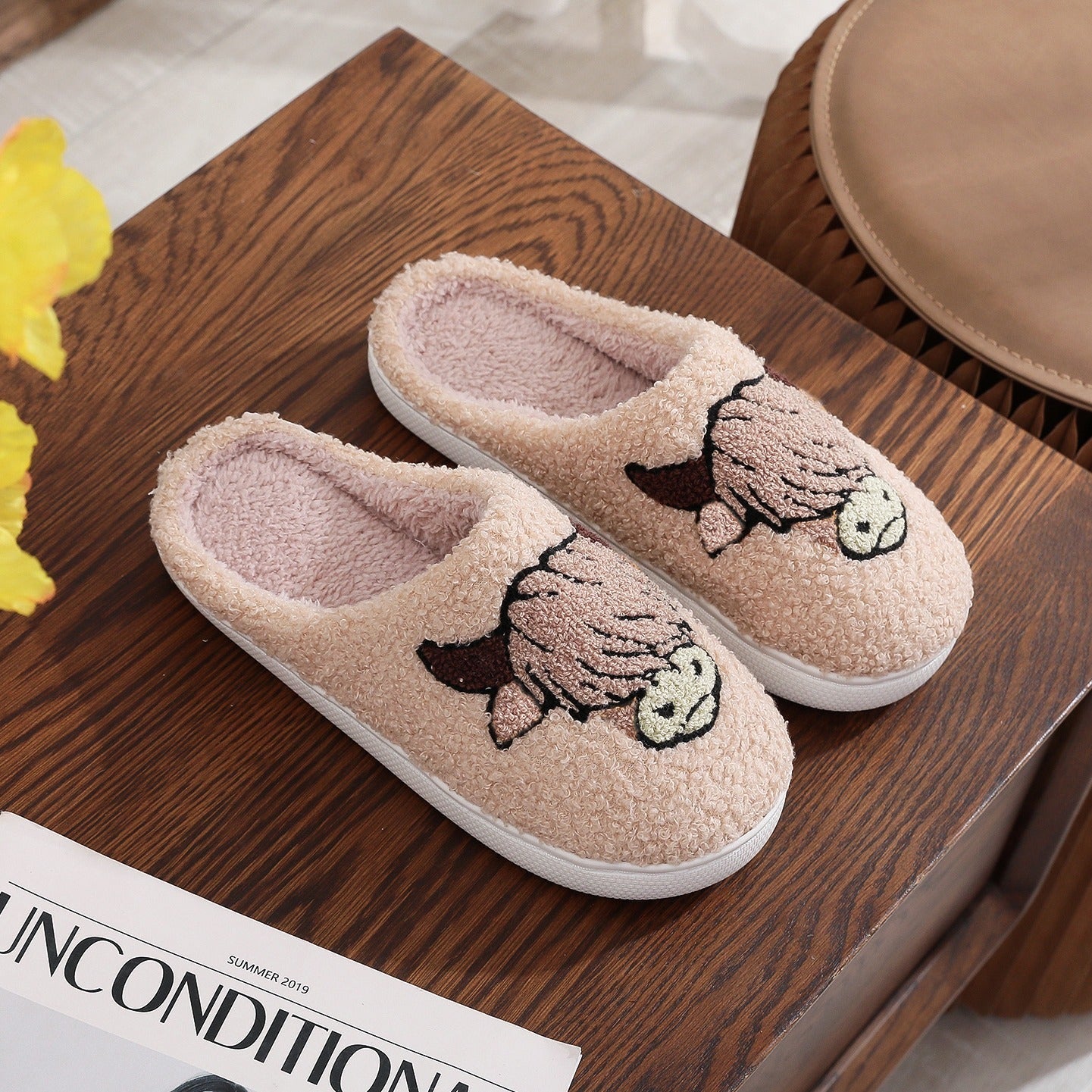 Pantoufles de Noël en coton avec impression de vache des Highlands, offre spéciale