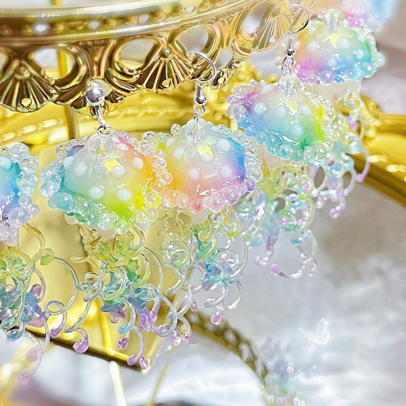 Boucles d'oreilles à clip d'oreille longues exagérées méduses arc-en-ciel