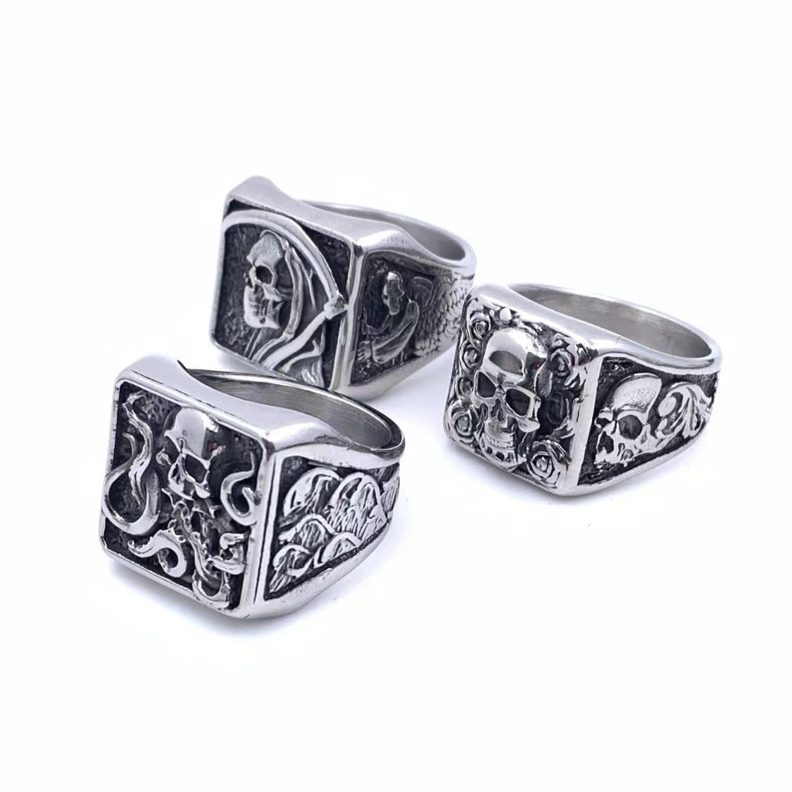 Bague en acier titane pour hommes, Style gothique de mort rétro, crâne de Rose