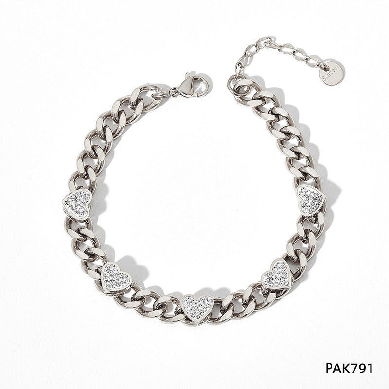 Bracelet rétro français en acier inoxydable et Zircon en forme de cœur