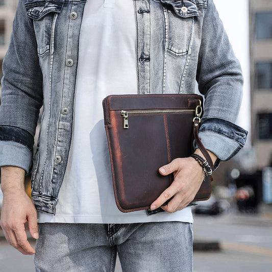 Sac d'ordinateur rétro en cuir Crazy Horse avec fermeture éclair pour ordinateur portable