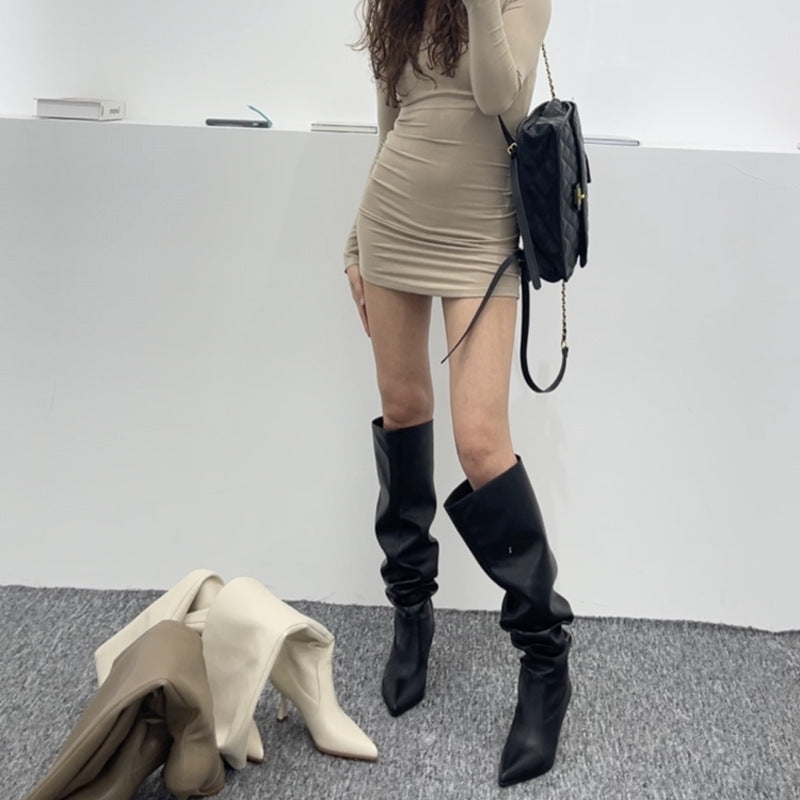 Nouveau Grande circonférence de Tube bout pointu talons aiguilles maigres bottes de Style