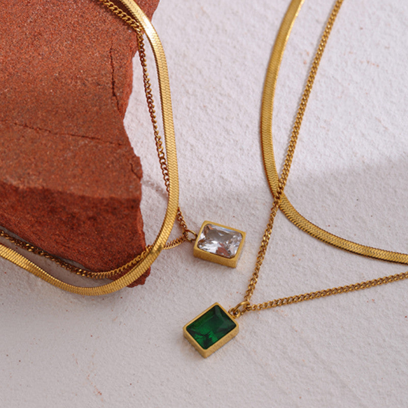 Collier double couche en acier inoxydable et zircon carré en or 18 carats