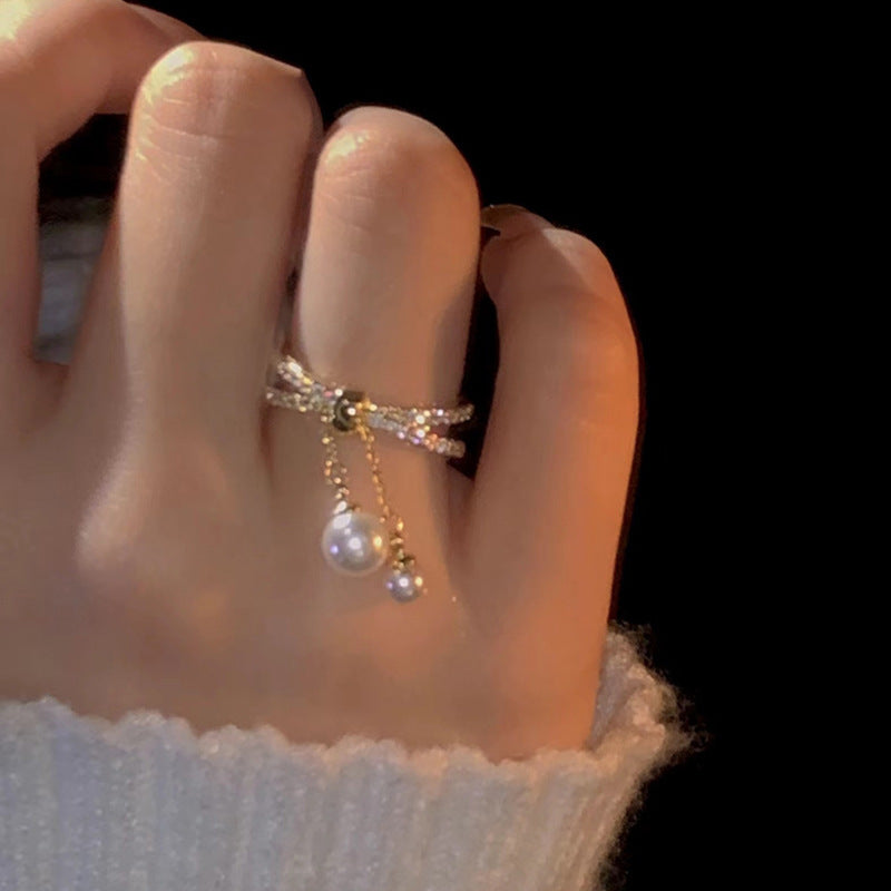 Anillo de doble capa con borla de circón y perla barroca galvanizada