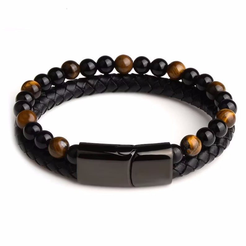 Bracelet en pierre naturelle en corde de cuir en alliage pour hommes