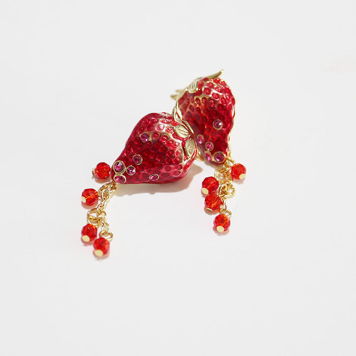 Boucles d'oreilles en émail dégoulinant de fruits fraises et diamants en argent sterling avec aiguille