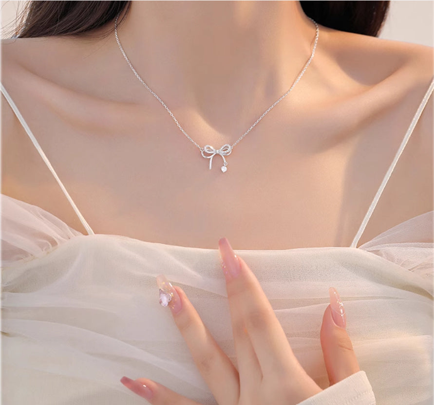 Women's Bow Necklace 999 Sterling Silver Clavicle Chain
