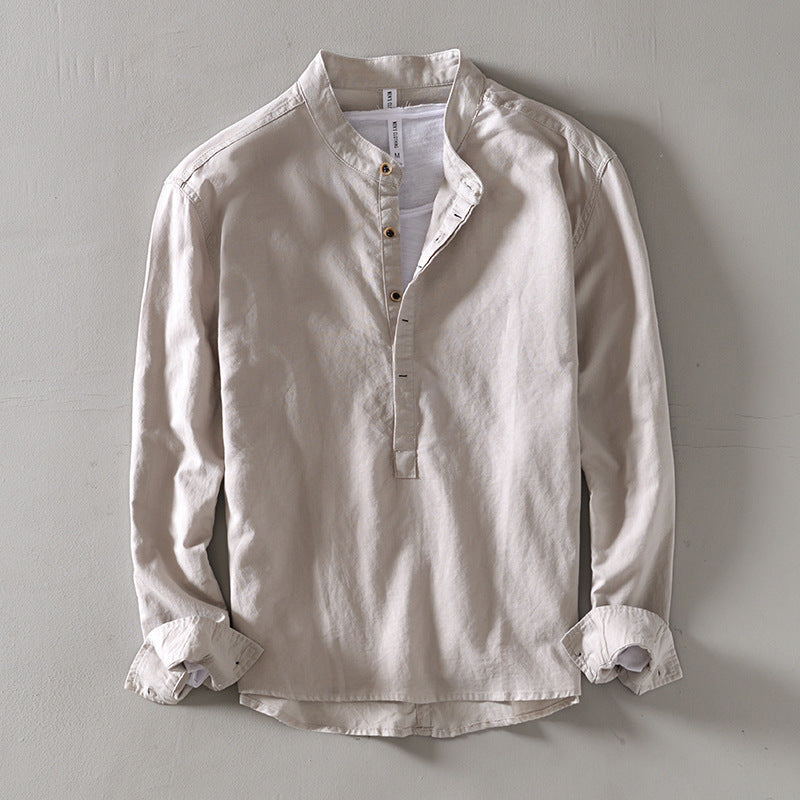 Men's Solid Color Stand Collar Casual Linen Shirt