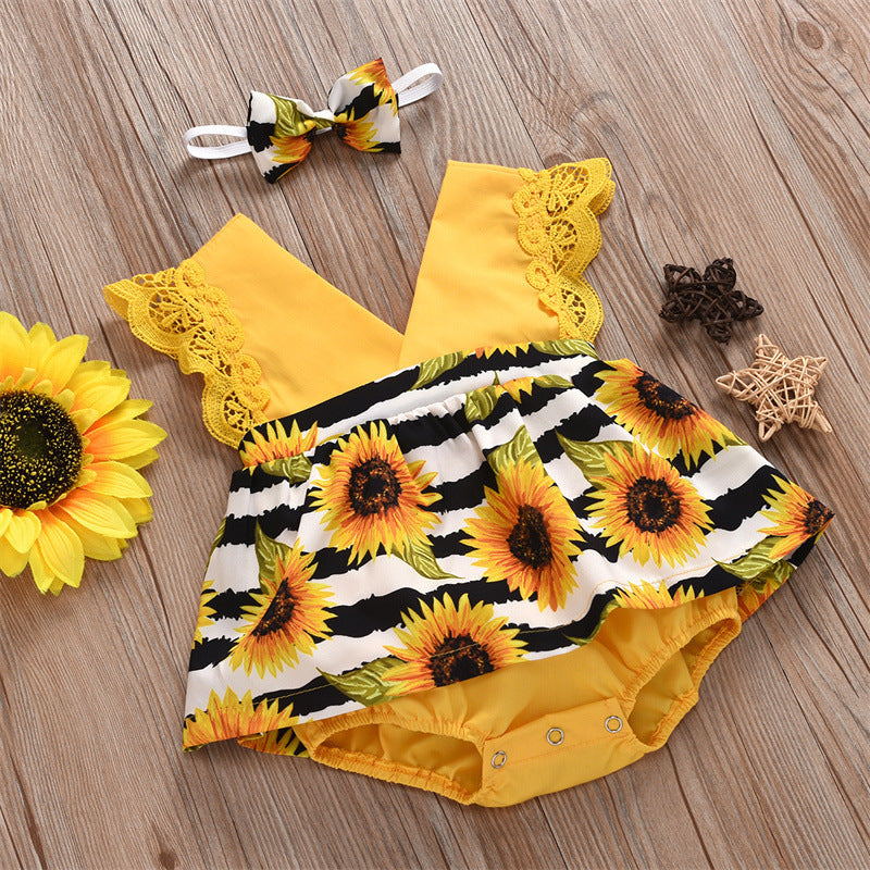 Barboteuse Triangle d'été pour bébé fille, emballage en dentelle pour nouveau-né, barboteuse une pièce tournesol pour bébé