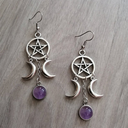 Boucles d'oreilles pierre violette étoile à cinq branches pierre naturelle
