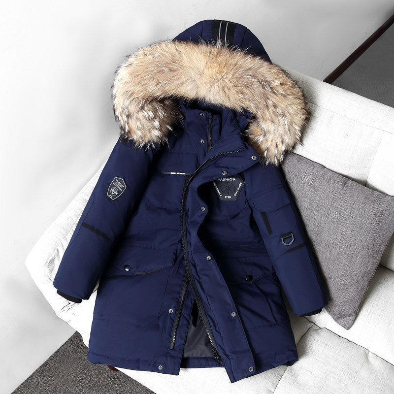 Doudoune enfant garçon mi-longue épaississement grande taille col fourrure manteau
