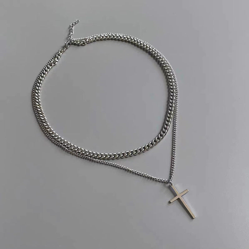 Collier croisé double couche en acier titane pour hommes cubains
