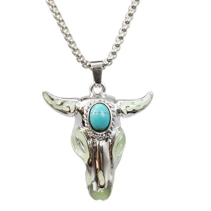 Collier pendentif en acier inoxydable, tête de taureau Turquoise, mode Punk