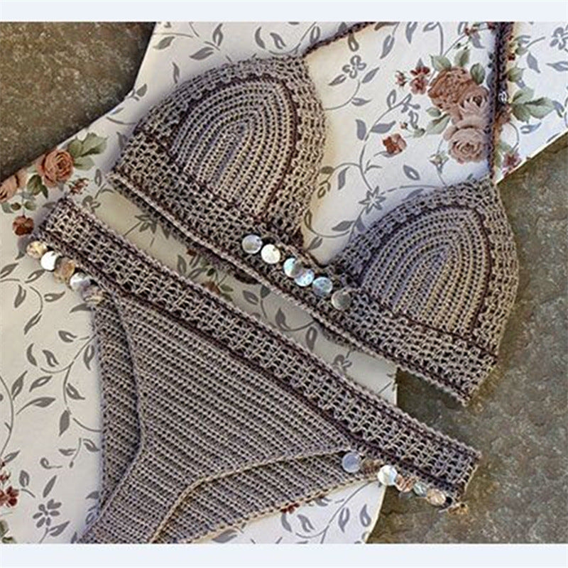 Commerce extérieur nouveau Bikini tricoté, coquille de plage Europe et amérique, ensemble de maillot de bain Sexy fendu sirène dame